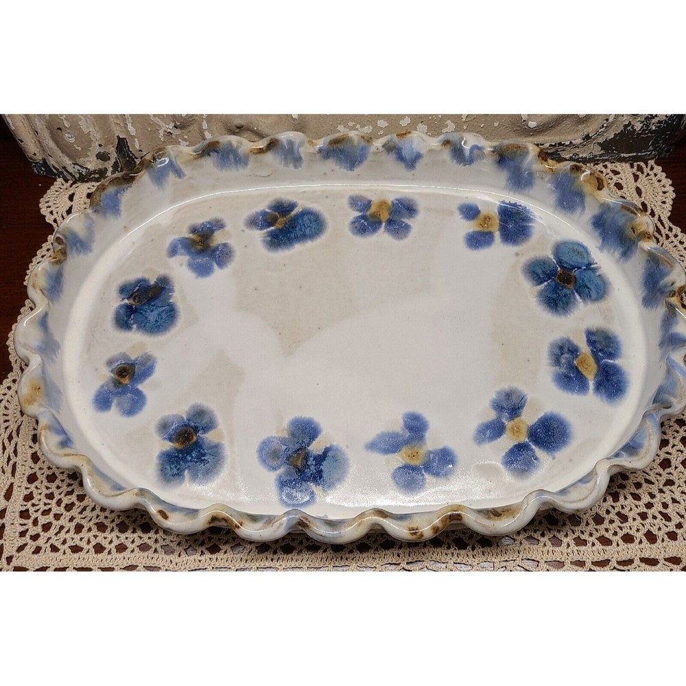 Nan Groves Studio Pottery Signed Scalloped Drip Glaze Dish Mid Century 10" x 15"